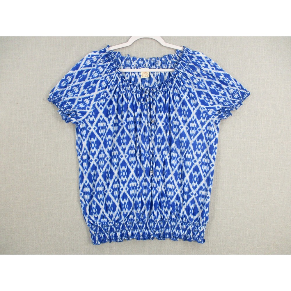 Faded Glory Womens XL Blue White Ikat Diamond Peasant Blouse Smocked Hem Top
